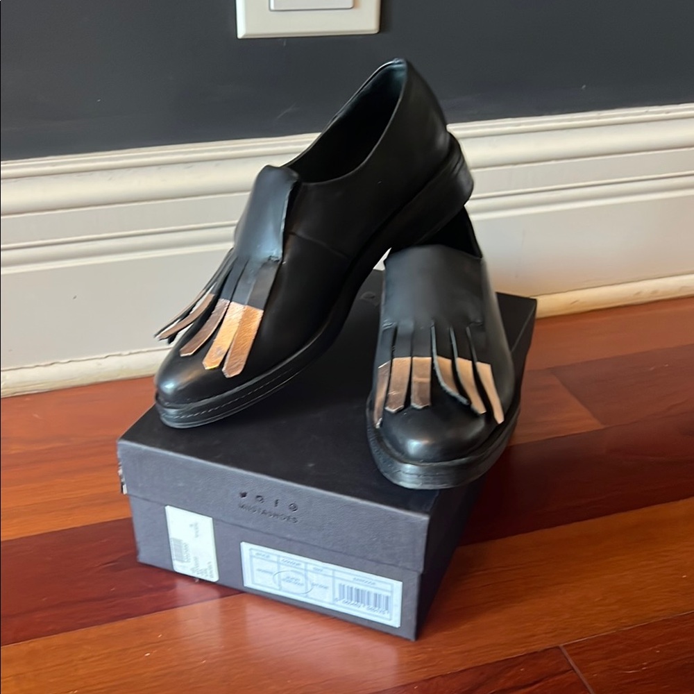 Miista Black and Rose Gold fringe Oxford Women's Shoes